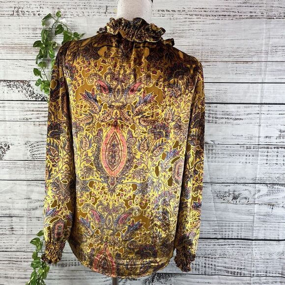 Ivy Jane Blouse Top size Extra Small Gold Blue Paisley Velour Smocking Peasant - Picture 12 of 13